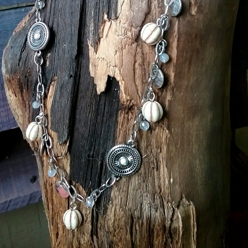 Boho C1946 Silver Medallion/White Bead Necklace - image 1